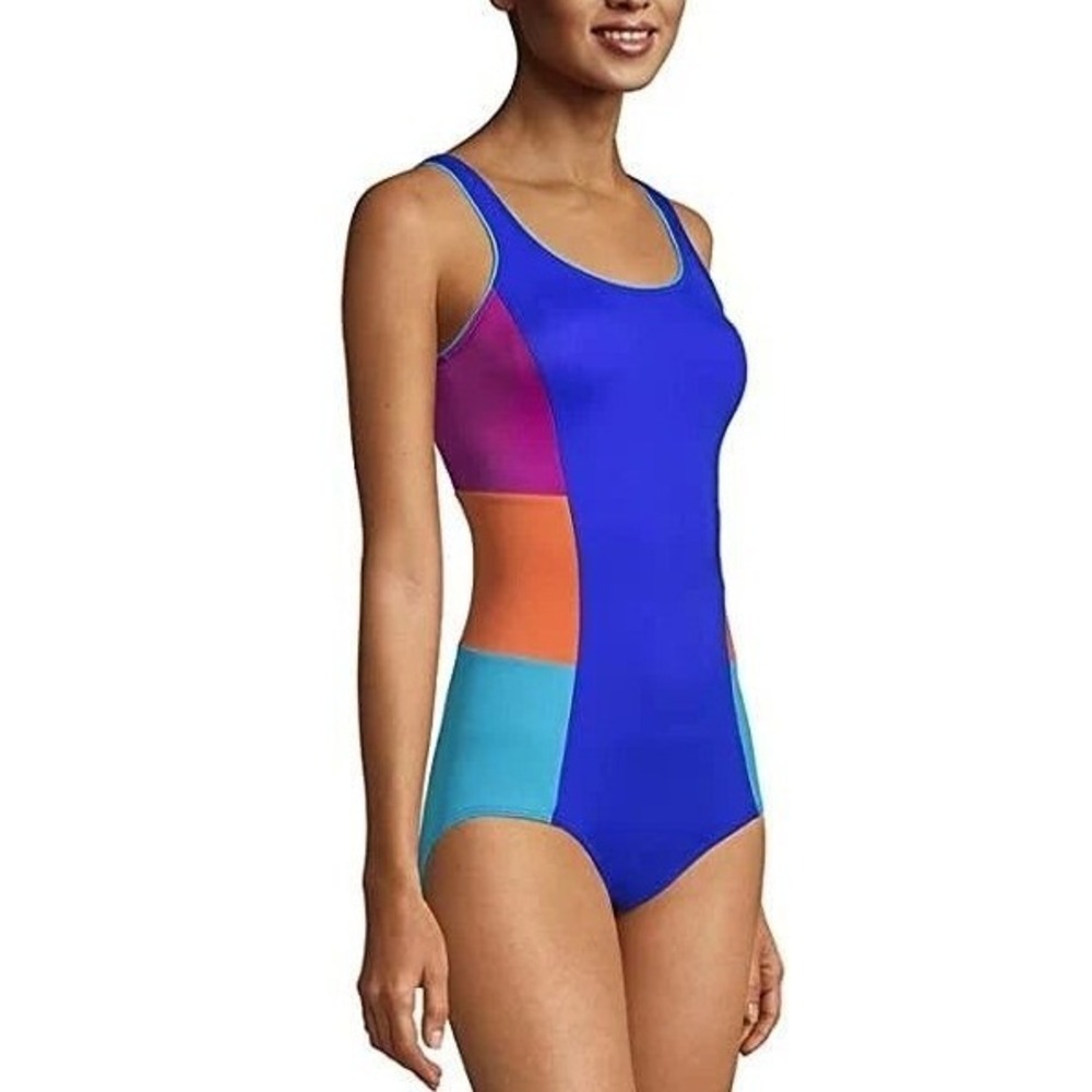 Lands End Womens Colorblock One Piece Swimsuit Blue Purple Orange Size 8